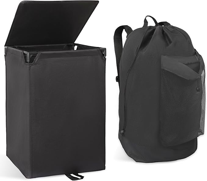 2-in-1 Laundry Hamper with Laundry Backpack, 60L Waterproof Basket with Lid, Laundry Bag with Shoulder Straps and Mesh Pocket, Hamper for College Dorm, Travel, Apartment, Laundromat