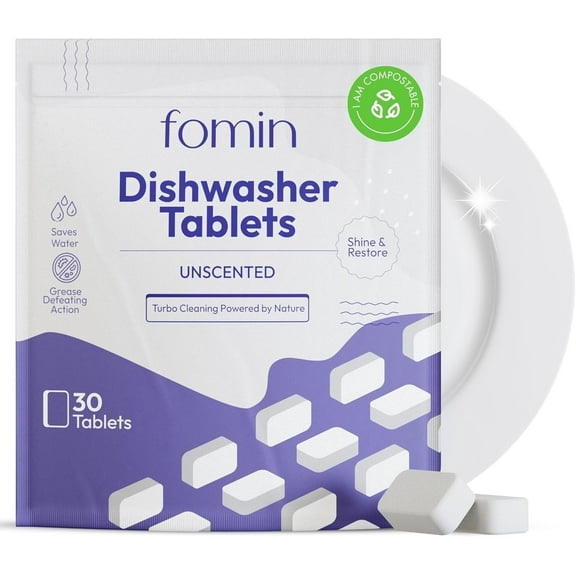 Fomin Dishwasher Detergent Tablets- 30 Count - Deep Cleaning & Deodorizer Tablets, Plastic-Free, Septic Safe Natural Dishwasher Cleaner Tablets - Sparkling & Clear Dishes