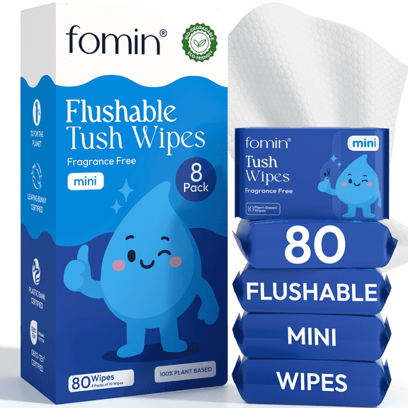 Fomin Mini Flushable Tush Wipes 8 Pack (10 Count) - Fragrance Free Travel Wet Wipes for Women - pH Balanced, Biodegradable Cleansing Wipes - Hypoallergenic, Plant-Based Tush wipes for Adults and Kids