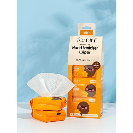 Fomin Mini Hand Sanitizer Wipes 6 Pack (8 Count) - Coco-Nila Bliss Mini Wet Wipe - pH Balanced, Biodegradable, Antibacterial On The Go Hand Sanitizing Wipes - Hypoallergenic, Plant-Based Travel Wipe