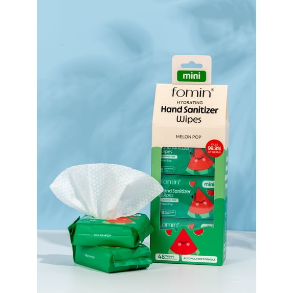 Fomin Mini Hand Sanitizer Wipes 6 Pack (8 Count) - Watermelon Mini Wet Wipe - pH Balanced, Biodegradable, Antibacterial On The Go Hand Sanitizing Wipes - Hypoallergenic, Plant-Based Travel Wipe