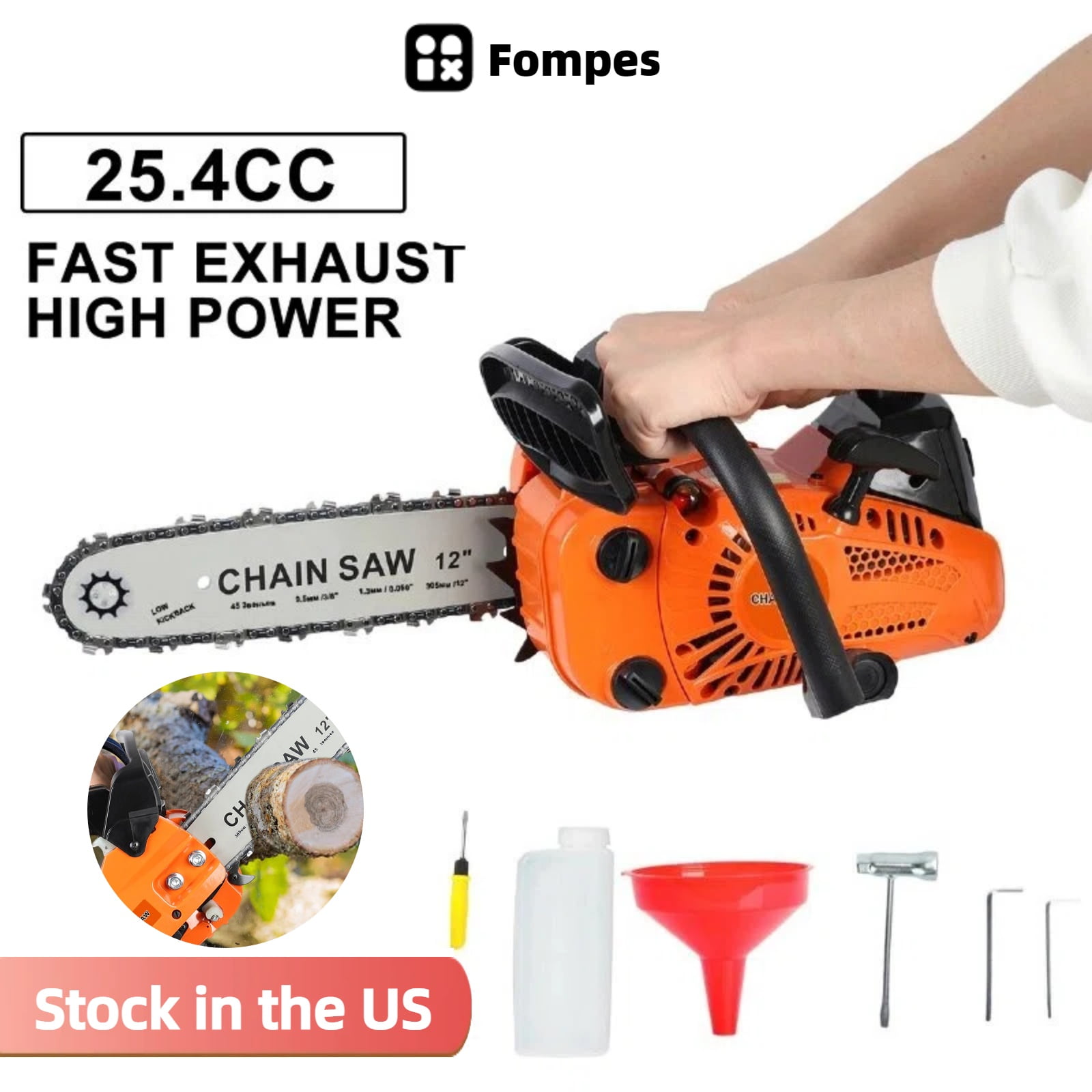 Fompes 12" Top Handle Gas Chainsaw 2-Stroke 25.4cc Portable Gas Chain Saws Ergonomic Handle Integrated Guide Plate for Wood Cutting