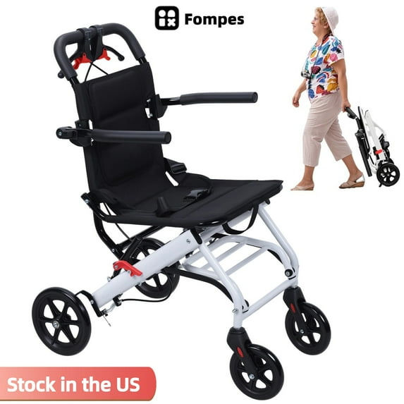 Fompes 13.66lbs Super Lightweight Transport Wheelchair Easy to Travel Locking Hand Brakes User-Friendly Folding Portable Wheel Chairs for Elderly Adults(up to 180lbs)
