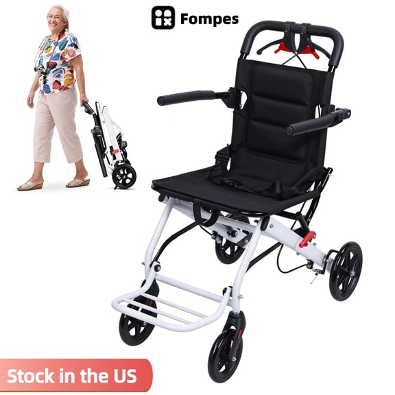 Fompes 18lbs Folding Wheelchair Portable Transit Chair Lightweight Mobility Aid Wheel Chairs with Adjustable Safety Strap PU Wheels for Travel Adult Elderly Disable 200lbs
