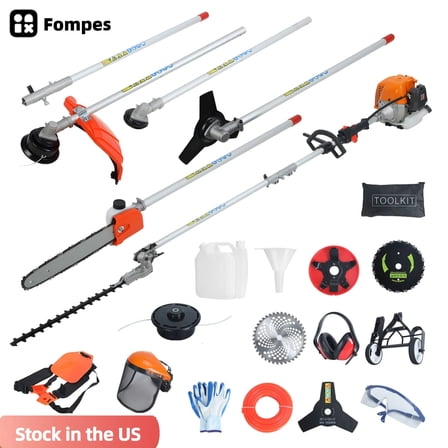 Fompes 2-Cycle 52cc Gas Trimmer Edger Mower 8-in-1 Grade Weed Wacker Multi-Functional Hedge Trimmer Weed Eater String Trimmer Brush Cutter/Edger Pole Saw Chainsaw Pruner w/Extension Pole Yard Tool
