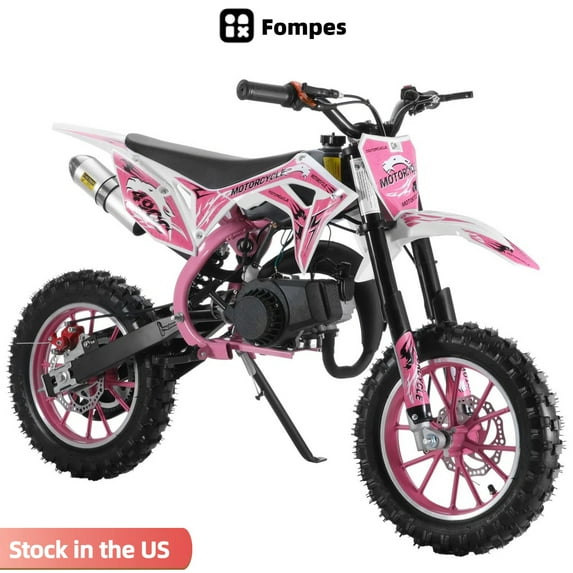Fompes 2-Stoke 49cc Gas Dirt Bikes Kids Dirt Bike Off Road Motorcycle Dirt Bike for Kids with Front/Rear Disc Brakes Shock Absorption Pull Start Soft - Pink