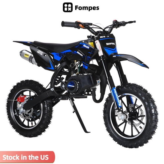 Fompes 2-Stroke 49cc Gas Dirt Bikes 2-Stroke Mini Kids Dirtbike Kids Dirt Bike with Front Rear Disc Brakes Off-Road Tires Shock Absorption Easy Pull Start Dirtbikes Load Capacity Up to 330lbs-Blue