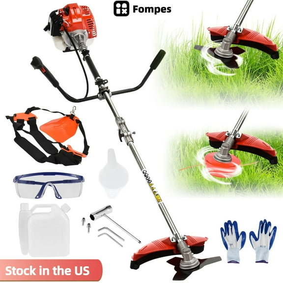 Fompes 2-Stroke 52cc Gas Weed Wacker Hedge Trimmer 2 in 1 Cordless Straight Shaft String Grass Trimmer Lightweight Brush Edger/Mower with 2 Types Blade & Wheels for Garden and Yard Lawn