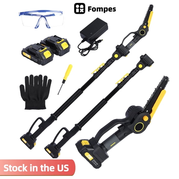 Fompes 2-in-1 Cordless Pole Saw & 6" Mini Chainsaw 4.9-7.5FT Telescoping Branch Cutter with 2PCS 2.0Ah Batteries and a Charger Brushless Pole Saw for Tree Trimming Wood Cutting