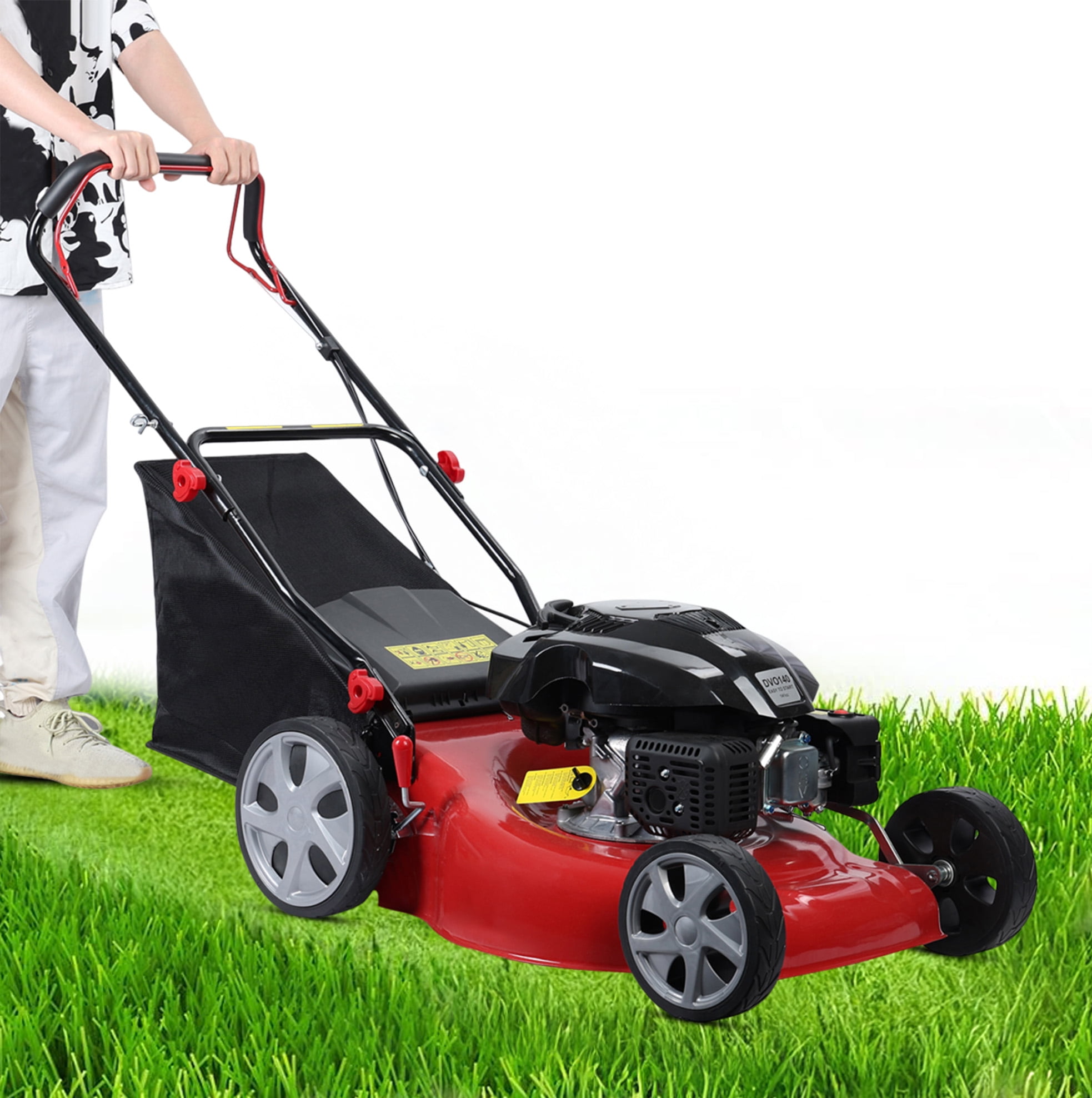 Fompes 20-Inch Gas Push Lawn Mower with 141 cc 4-Cycle Engine, 7-Position Dual Lever Height Adjustment Self Propelled Lawn Mower with 50L Grass Tank, Big Wheels