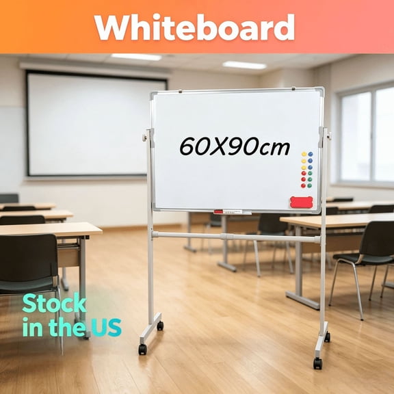Fompes 23.7" X 35.5" Rolling Whiteboard on Wheels,Height Adjustable Double Side Mobile Whiteboard with Stand,Portable Magnetic Dry Erase Board with 5 Markers, 12 Magnetic Nails & 1 Eraser