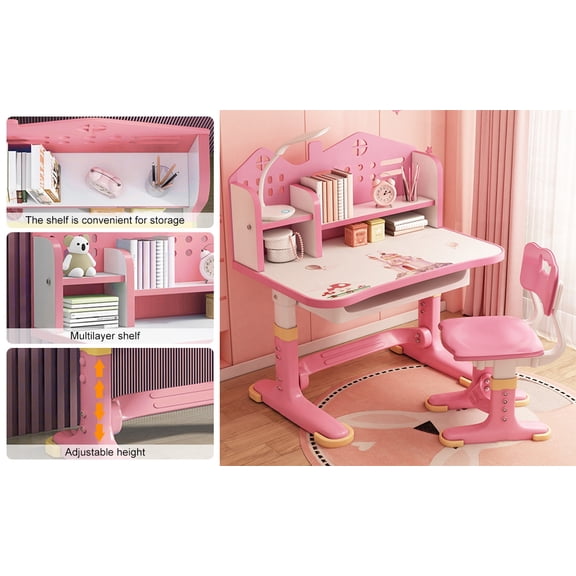 Fompes 2Pcs Kids Desk and Chair Set,Height Adjustable Children School Study Desk,Ergonomic Table with Castle Backboard Widened Desktop Bookstand Storage Drawer (Pink)