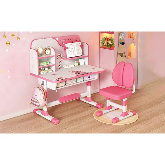 Fompes 2Pcs Kids Study Desk and Chair Set Height Adjustable Ergonomic Children School Table with Astronaut Pattern Large Writing Board Storage Drawer Bookshelf Dual Back Support