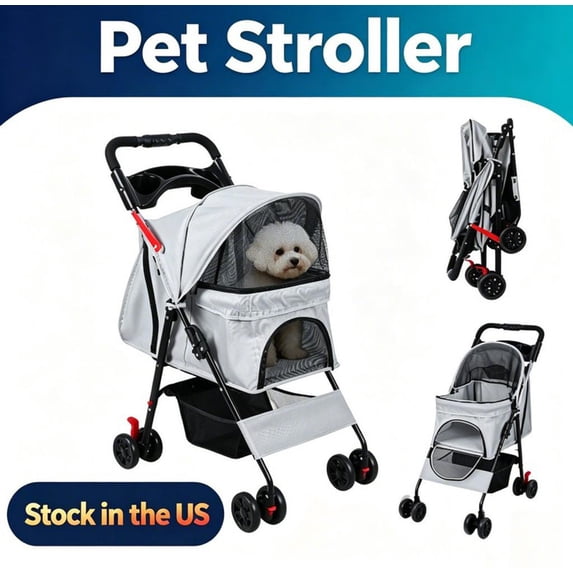 Fompes 4-Wheeled Pet Stroller for Cats & Dogs, Foldable Travel Carrier with Mesh Windows, Cup Holder, Storage Basket,Breathable Pet Strolling Cart,Holds up to 22lbs,Grey