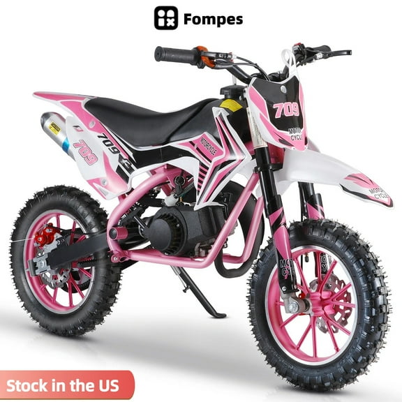 Fompes 49CC 2-Stroke Gas Powered Mini Dirt Bike Kids Dirt Bike 30KM/H Max Speed Easy Pull Start Front & Rear Disc Brakes 330LBS Capacity - Pink