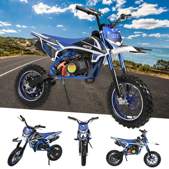 Fompes 49cc 2-Stroke Kids Dirt Bike, Gas Powered Mini Motorcycle Off Road, 10'' Inflatable Tires, Front & Rear Disc Brakes, High Carbon Steel Frame, Motocross Pit Bike,Blue White