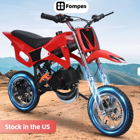 Fompes 49cc Kids Mini Dirt Bike, 2-Stroke Gas-Powered Motorcycle with Off-Road Tires Disc Brakes, Shock Absorption, Easy Pull Start, Up to 25 MPH, Red