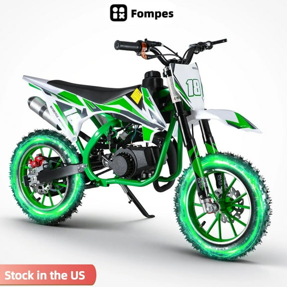 Fompes 49cc Mini Dirt Bike 2-Stroke Kids Gas Bike with Off-Road Tires Shock Absorption Springs Soft Seat Cushion Max Load 330Lbs Pull Start Cooperate Disc Brakes and Up to 25mph - Green