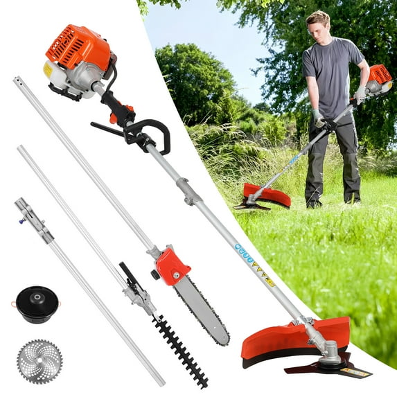 Fompes 52cc Gas Weed Wacker, 5 in 1 Heavy Duty Weed Eater Gas Powered, Brush Cutter, Cordless Hedge Trimmer, Handheld Pole Saw and 2-Cycle String Trimmer Machine with Metal Blades for Lawn Care