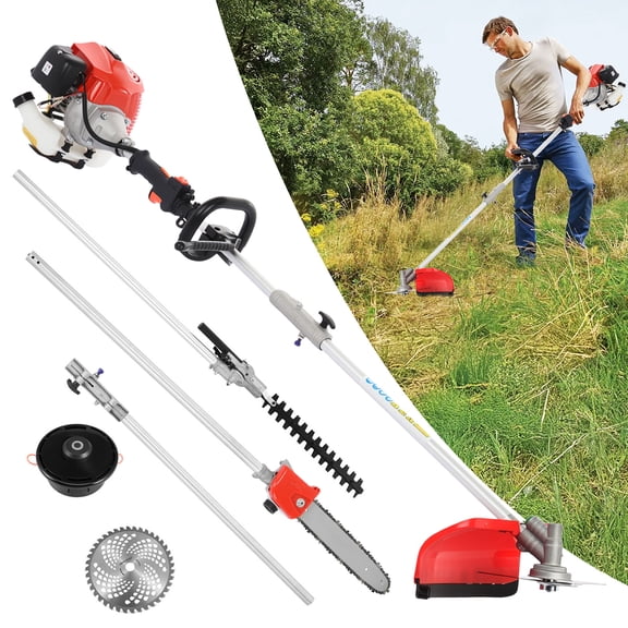 Fompes 52cc Weed Wacker Gas Powered, String Trimmer/Edger, Pole Saw, Hedge Trimmer and Brush Cutter Blade, 5-in-1 Multi Yard Care Tools, Rubber Handle & Shoulder Strap Included