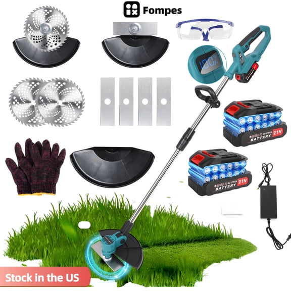 Fompes 9 Inch Cordless Weed Wacker 2 Batteries Lightweight 21V Electric Grass Trimmer Retractable Weed Eater Weed with Brushless Motor
