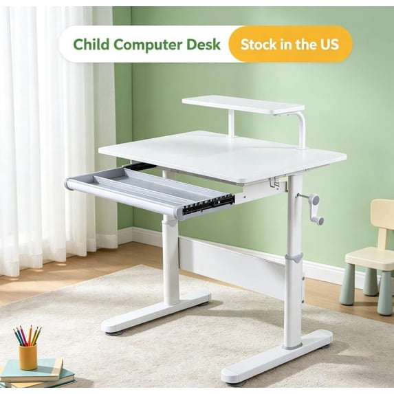 Fompes Child Computer Desk,39 Inch Wide 50-Degree Tiltable Desktop,Adjustable Height Kids Desk with Bookshelf Hutch for Boys Girls (White)