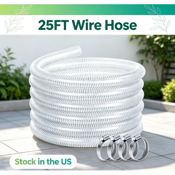 Fompes Clear Pvc Pipe,Wire Reinforced Hose with 4 Clamps,Heavy Duty Dust Collection Suction Flexible Vinyl Tubing,High Pressure Drain Water Fuel Oil Powder (25ft)
