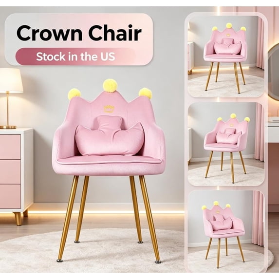 Fompes Crown-shaped Armchair,Pink Ergonomic Velvet Fabric Wingback Armchair,Upholstered Reading Chair with Pillow,Wide Seat for Living Room, Bedroom