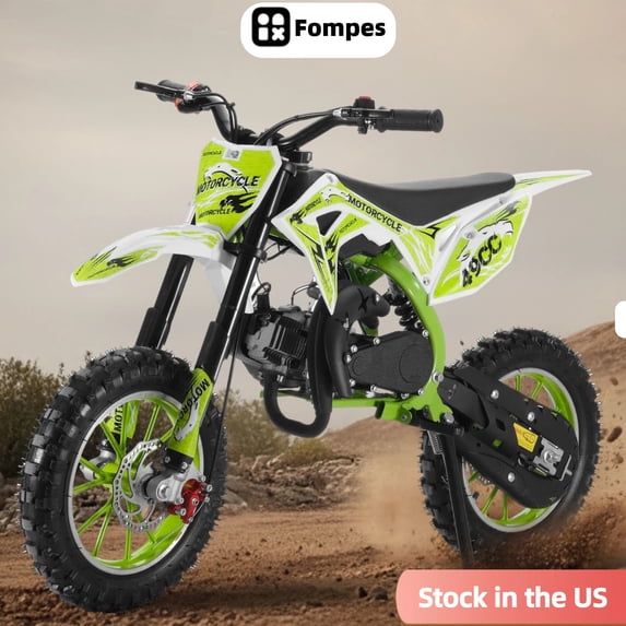 Fompes Dirt Bike, 49cc 2-Stroke Gas Mini Bike for Kids Off Road Mini Motorcycle with Front Fork and Shock Absorption, Up to 25Mph, Green