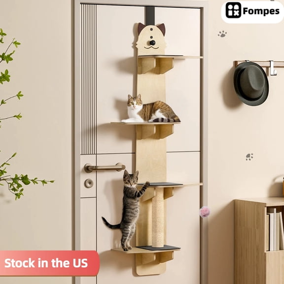 Fompes Door Hanging Cat Shelf, 67 Inch Over The Door Cat Tree, 4 Levels of Jumpable Platforms with Kitten Scratching Post & Tease Bell Ball for Kittens Jumping & Playing