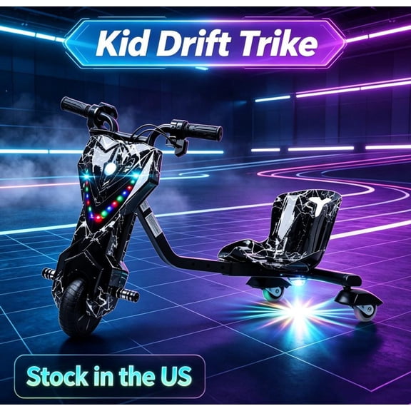 Fompes Electric Drift Go Kart,Drift Trike,Black White Kid Ride on Tricycles,Big Wheel Drifting Tricycle with Adjustable Seat,9 Miles/H,Adjustable Length,For Ages 8+