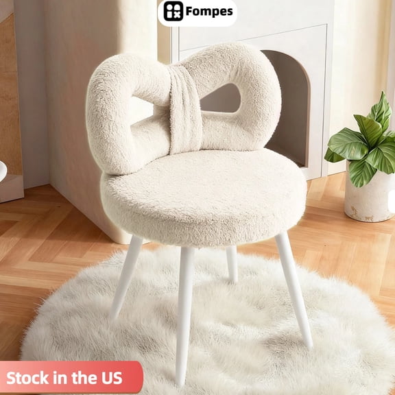 Fompes Fluffy Girls Vanity Chair with Bow-knot Backrest Cute Small Cozy Desk Chair No Wheels Comfy Makeup Stool for Bedroom Living Room Small Space(White)
