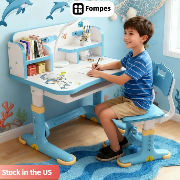 Fompes Functional Kids Desk and Chair Set, Study Desk with Chair, Height Adjustable Children School Desk with Storage Drawer for Boys Girls, Pink