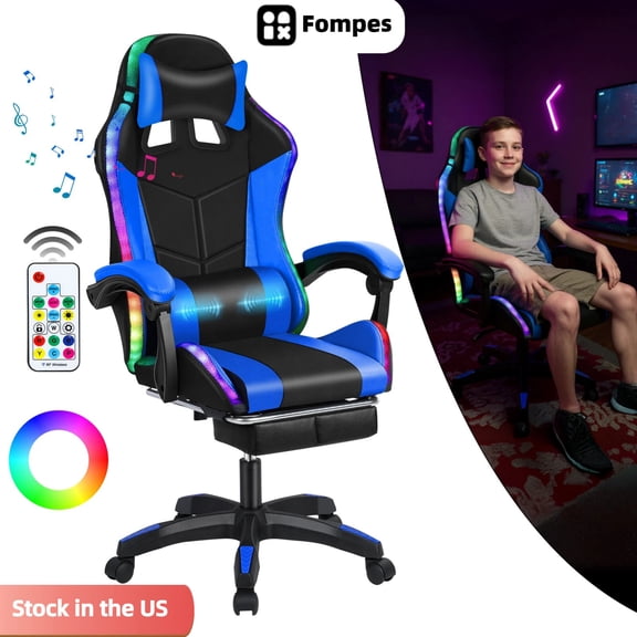 Fompes Gaming Chair Office Chair, High Back Computer Chair, Leather Desk Chair, Ergonomic Height Adjustable Task Chair with with Bluetooth-compatible Speakers LED Light, Headrest and Lumbar Support