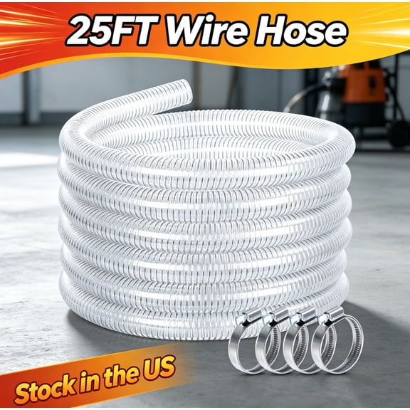 Fompes Garden Hose,25ft Wire Reinforced Hose with 4 Clamps,Heavy Duty Dust Collection Suction Flexible Vinyl Tubing,Clear Pvc Pipe High Pressure Drain Water Fuel Oil Powder