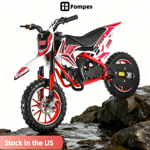 Fompes Gas Dirt Bike, 49CC 2-Stroke Gas Powered Mini Bike, Off Road Mini Motorcycle with Off-Road Tires, Shock Absorption Springs, Soft Seat Cushion, Max Speed 30KM/H (Red)