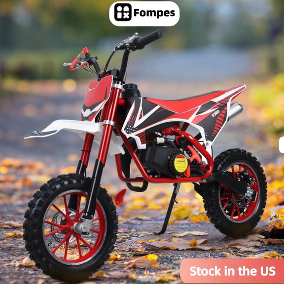 Fompes Gas Dirt Bike, 49cc 2-Stroke Gas Powered Mini Bike with Off-Road Tires, Shock Absorption, Soft Seat Cushion, Max Speed 25MPH, Load 180lbs, Red