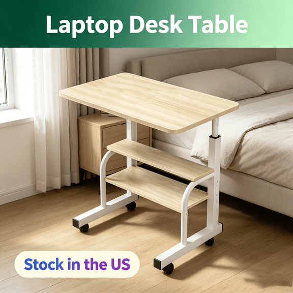 Fompes Height Adjustable Laptop Desk Table,Mobile Stand Up Desk with Wheels,Beige Computer Desk,Sturdy Construction Spacious Desktop,Waterproof Office Mobility Workstation