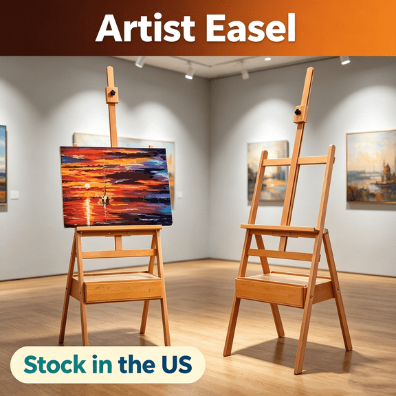 Fompes Height Angle Adjustable Solid Beech Wood Easel,H Frame Easel,Tilts Flat Artist Easel,Painting Canvas Holder Stand, French Easel with Drawer (Wooden Color)