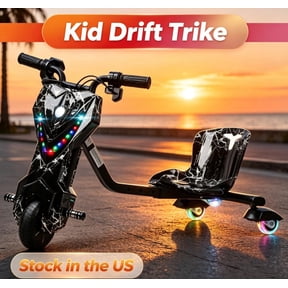 Fompes Kid Drift Trike with Light,Ride on Tricycles,Big Wheel Drifting Tricycle,Ride-On Kids Tricycle with Adjustable Seat for Ages 8+,9 Miles/H,Adjustable Length (Black White)