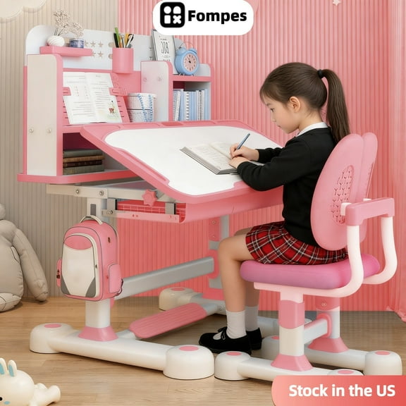 Fompes Kids Desk and Chair Set Height Adjustable Child's School Study Writing Tables Kids Tiltable Desk with Sitting Corrector Bookstand Storage Drawer Foot Pedal for Boys and Girls - Pink
