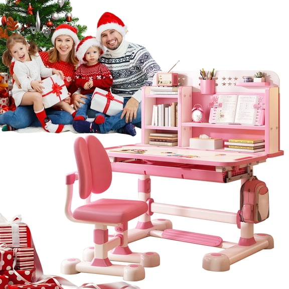 Fompes Kids Desk and Chair Set,Height Adjustable Children School Study Desk Chair Set,Ergonomic Study Table with Sitting Corrector,Book Stand,Drawer Foot Pedal (Pink,2Pcs)