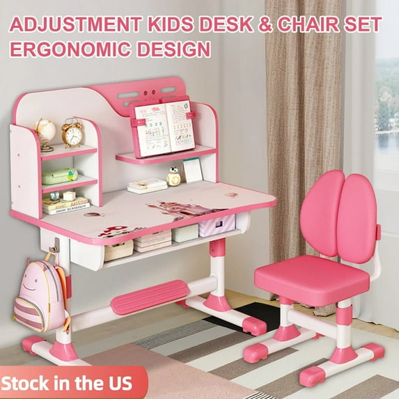 Fompes Kids Desk and Chair Set Height Adjustable Ergonomic Children Sturdy Table with Large Writing Board Bookshelf Drawer Study School Desk Interactive Workstation Art Writing Desk Furniture