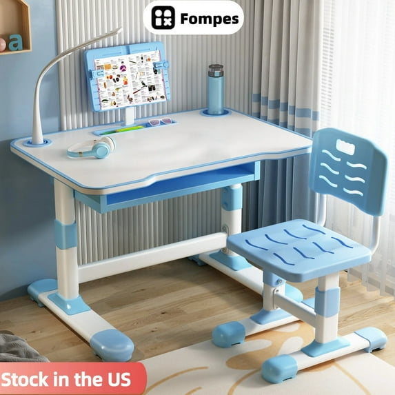 Fompes Kids Functional Desk and Chair Set Ergonomic Height Adjustable Children School Study Desk with Book Stand LED Light and Storage Drawer for Boys Girls - Blue