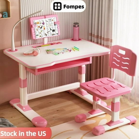 Fompes Kids Functional Desk and Chair Set Ergonomic Height Adjustable Children School Study Desk with Book Stand LED Light and Storage Drawer for Boys Girls - Pink