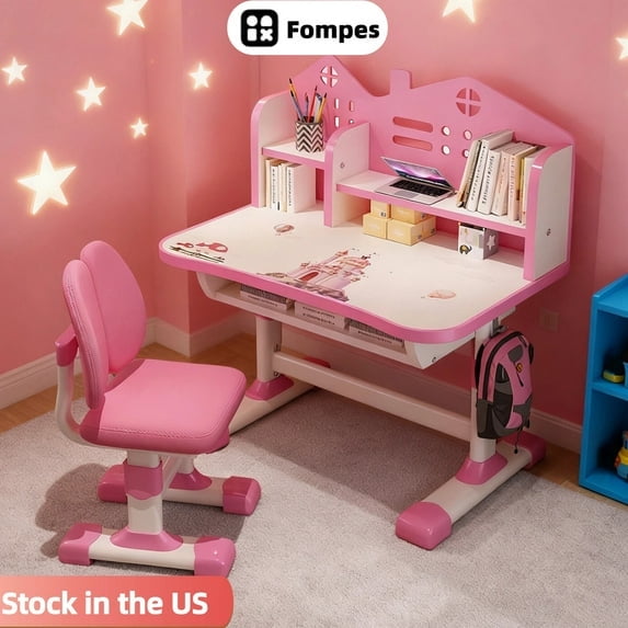 Fompes Kids Study Desk and Chair Set Children School Drawing Desk Chair Set Height Adjustable Ergonomic Table and Chair Set with Storage Drawer Shelf - Pink