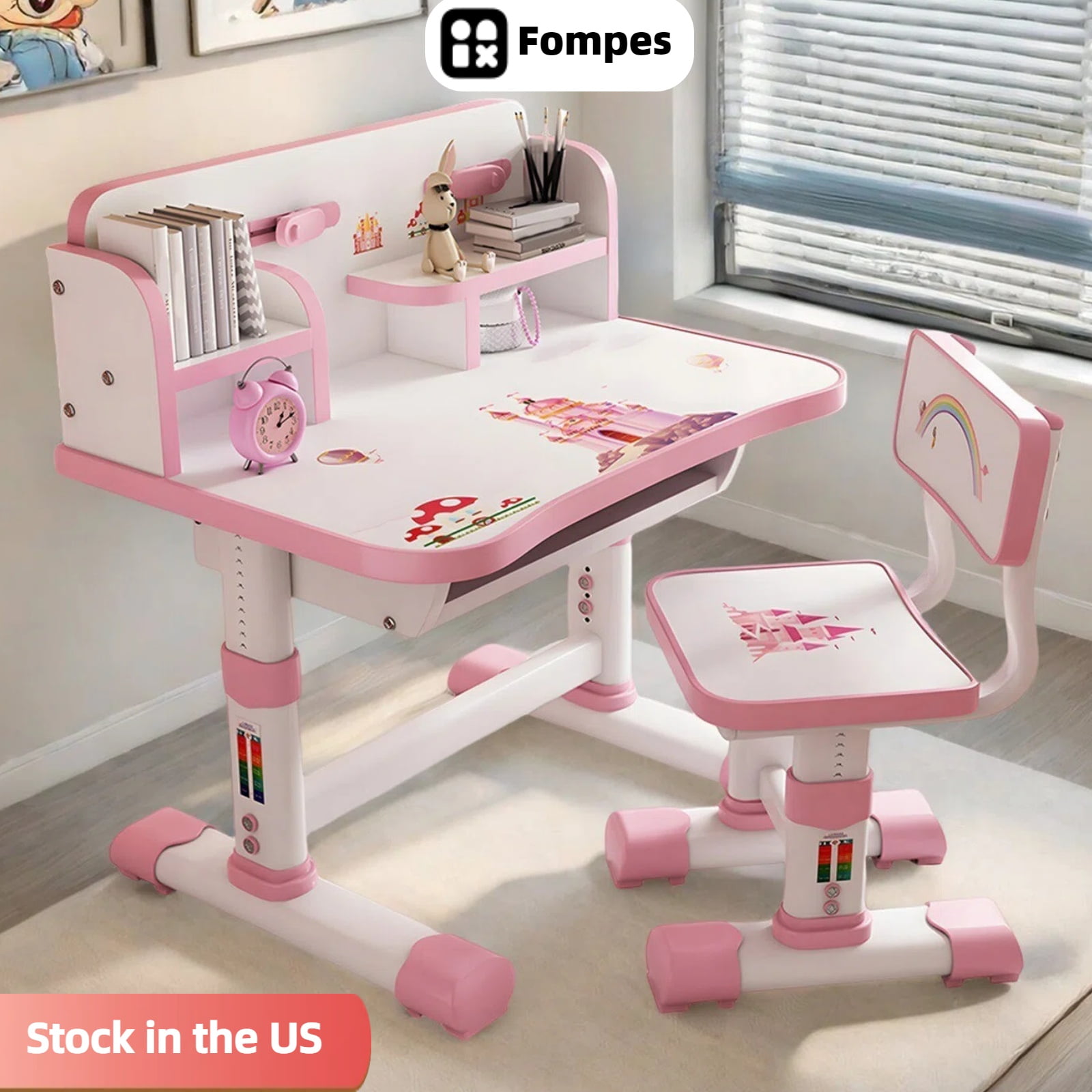 Fompes Kids Study Desk and Chair Set Children School Study Drawing Desk Chair Height Adjustable Kids Table Desk and Chair Set with with Large Writing Board Bookshelf and Book Bucket - Pink