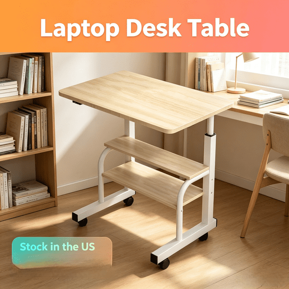 Fompes Laptop Desk Table,Height Adjustable Computer Desk with Casters Easy Movement,Sturdy Construction Spacious Desktop,Waterproof Office Mobility Workstation,Beige