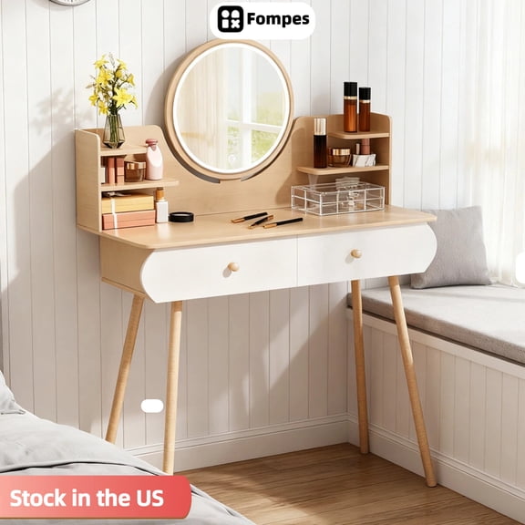 Fompes Makeup Vanity Desk with Lighted Mirror Modern Vanity Desk with Mirror and Lights Dressing Table with 2 Drawers & Opening Shelves for Bedroom