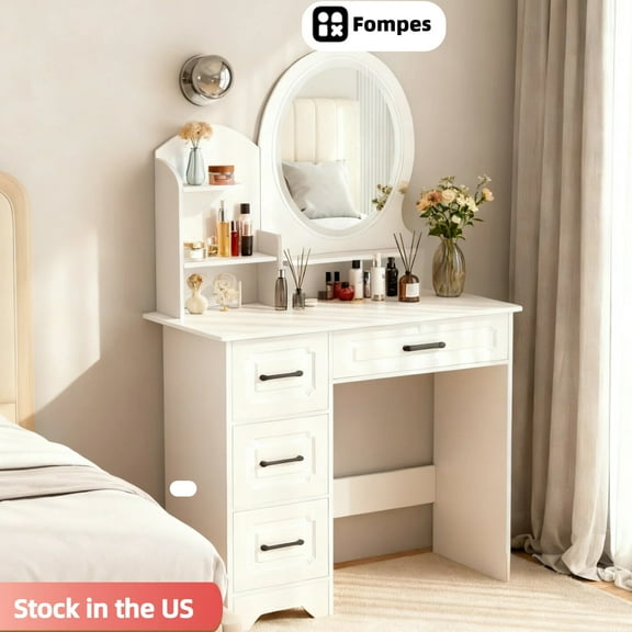 Fompes Makeup Vanity with Round Mirror and Lights White Vanity Makeup Table with 3 Storage Shelves 4 Drawers Small Vanity Table for Bedroom 3 Lighting Modes